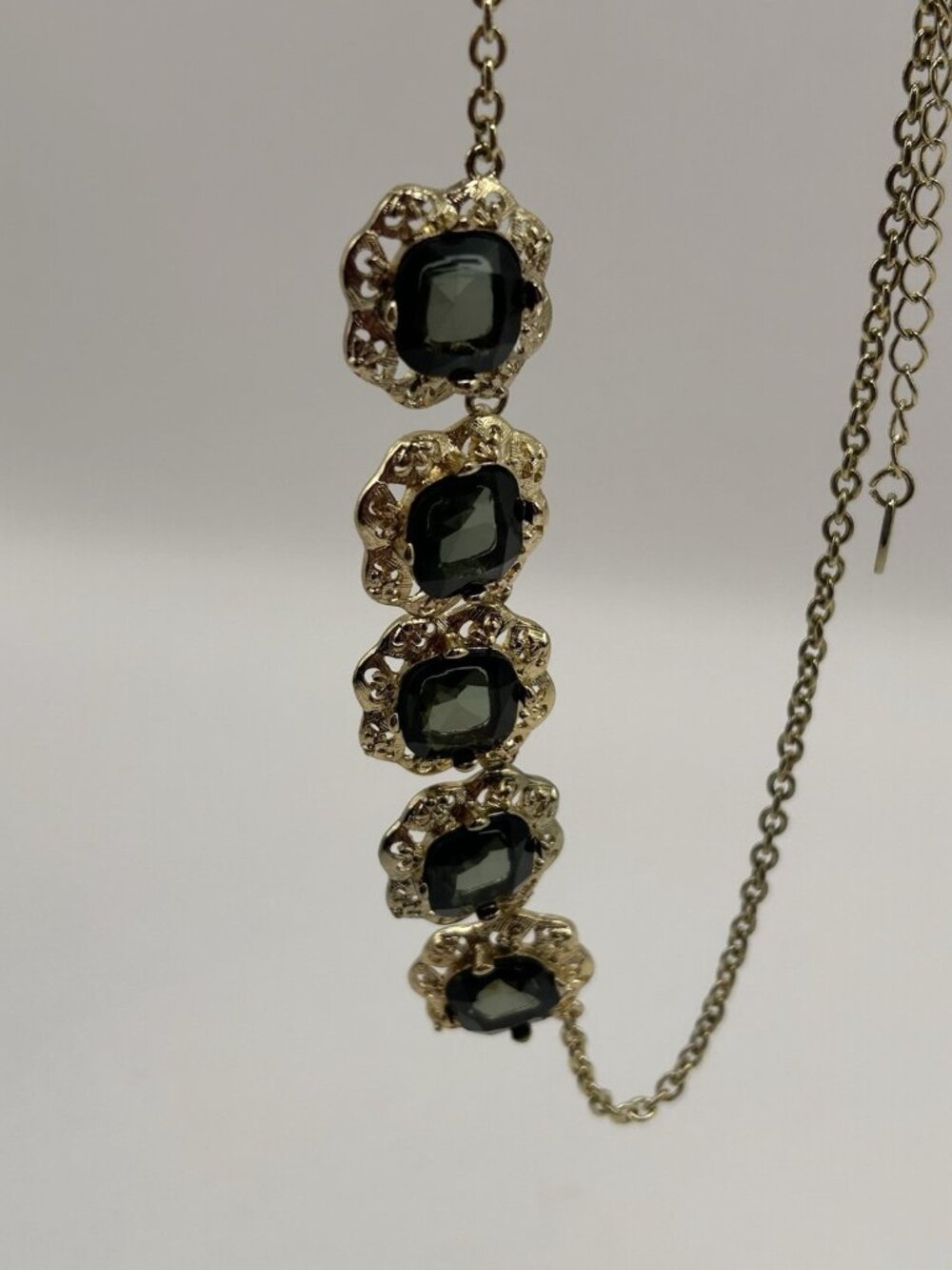Marlyn Schiff Gold Tone Necklace Green Charcoal Rhinestones Statement Jewelry - Picture 16 of 16
